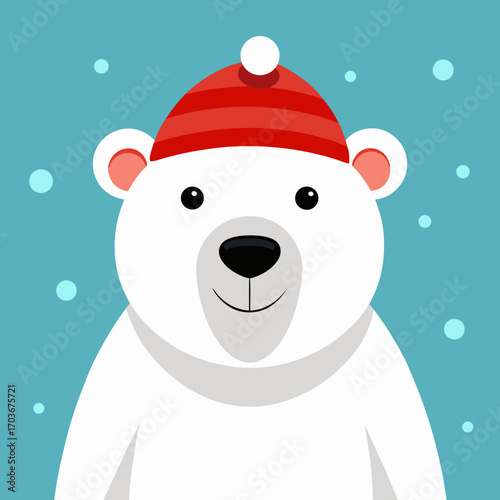 Polar Bear in Winter Wonderland: A cheerful, cartoonish polar bear, adorned with a festive winter hat, amidst falling snowflakes, capturing the joyous spirit of winter.
