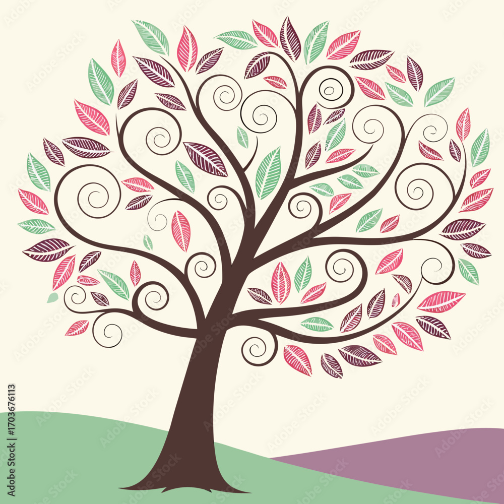 Obraz premium Spiral style colorful tree vector illustration 