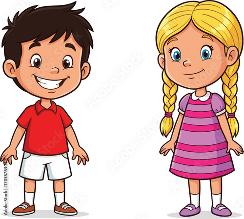Happy cartoon boy and girl standing together, smiling children with bright clothes, cute kids illustration, friendship concept, childhood joy, playful characters, , 