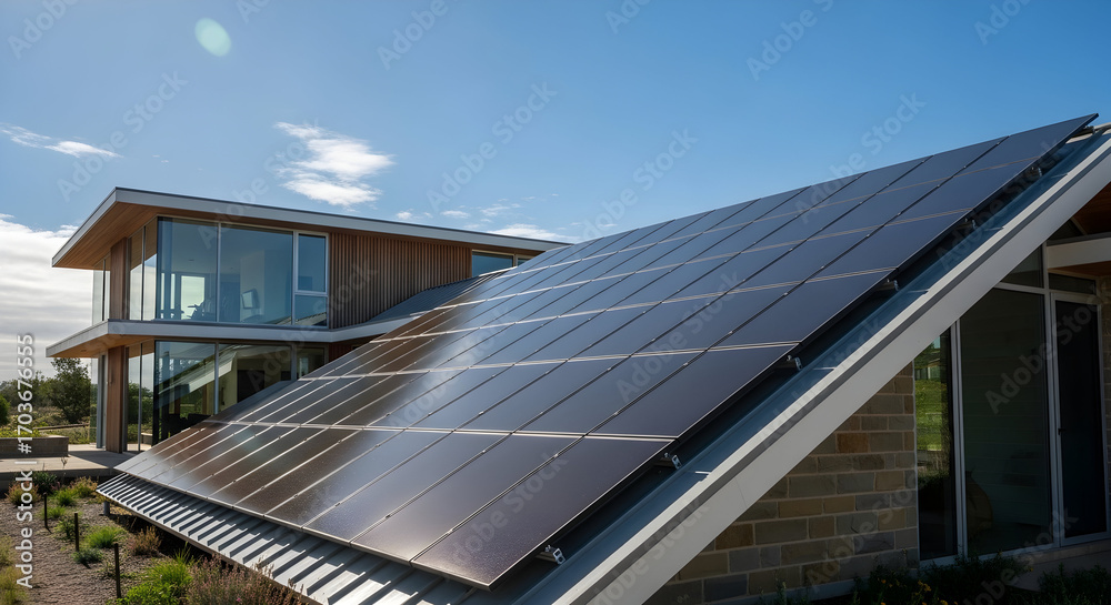 Obraz premium Modern house with solar panels for renewable energy and eco-friendly living showcasing sustainable