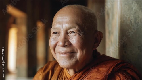 A smiling Buddhist monk in orange robes standing in a temple corridor.
