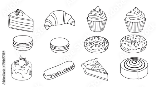Collection of sweet pastries and desserts in a hand drawn silhouette style