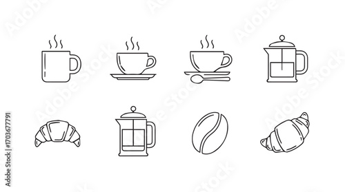 Collection of coffee and pastry icons in a simple line art silhouette style