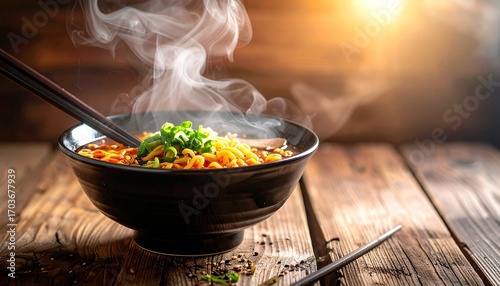 Japanese ramen bowl with chopsticks, steam rising, wooden table background, authentic street food atmosphere, high quality stock photo
