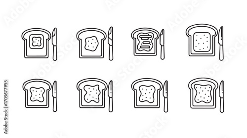 Collection of eight different toast slices with butter and jam in a silhouette style