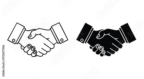 Two simple handshakes, one outlined, one solid black, symbolizing agreement and partnership.