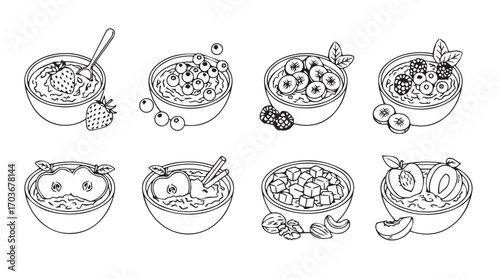 Collection of eight breakfast cereal bowls in a simple line drawing silhouette style