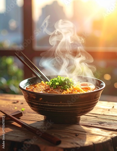 Japanese ramen bowl with chopsticks, steam rising, wooden table background, authentic street food atmosphere, high quality stock photo
