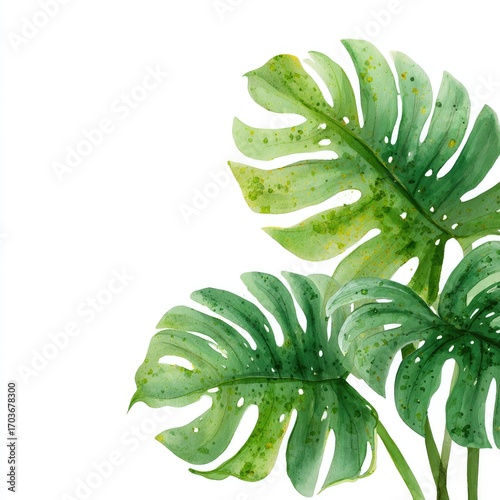 Lush green monstera leaves displaying vibrant textures and colors against a clean white background