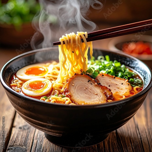 Japanese ramen bowl with chopsticks, steam rising, wooden table background, authentic street food atmosphere, high quality stock photo
