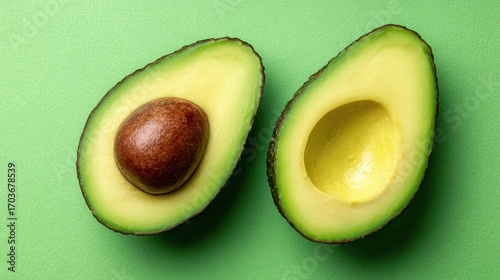 Two halves of a ripe avocado one with a brown pit on a vibrant green background
