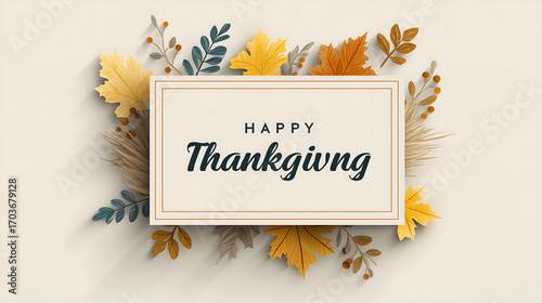 Happy thanksgiving greeting card with autumn leaves and beige frame