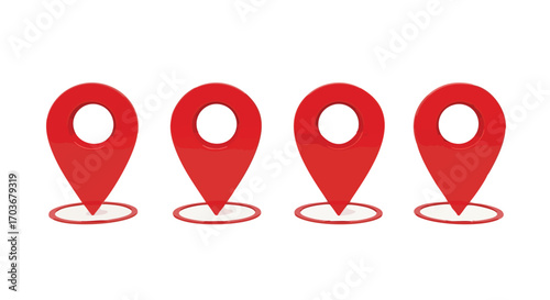 Four red map location markers in a row, simple 3D design, isolated on white.