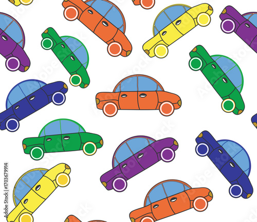 Beautiful funny childish vector seamless background with hand drawn multicolored cars
