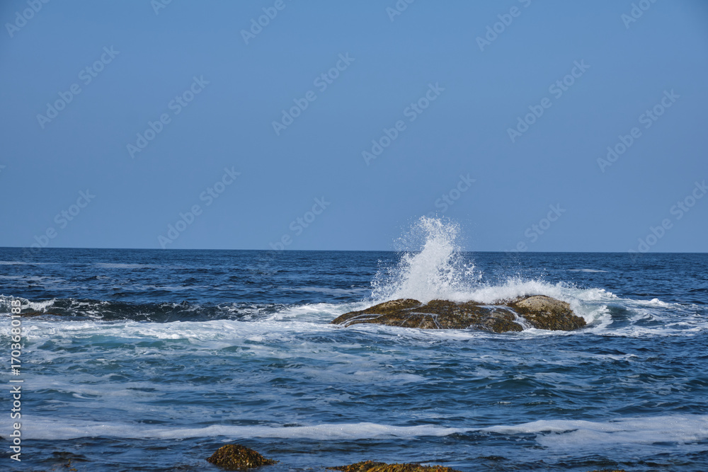 Fototapeta premium Tundra landscape on the Barents Sea coast on a bright autumn day. The wave hits the rocks. Autumn beauty of nature.