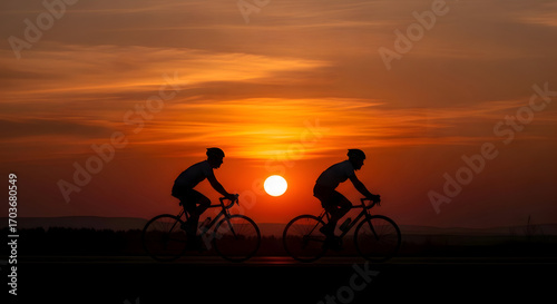 Silhouetted cyclists riding into the sunset symbolizing freedom and healthy lifestyle