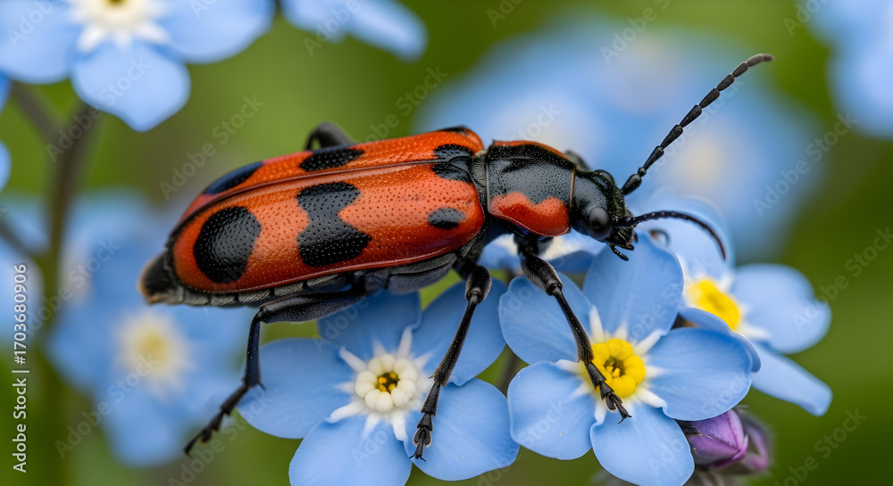 Fototapeta premium Macro photograph of a four-spotted leaf beetle resting on a vibrant blue flower bloom