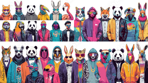 Trendy anthropomorphic animal characters wearing colorful streetwear and sunglasses, combining pop culture, fashion, and urban art style.