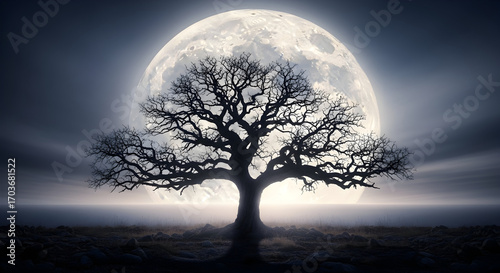Silhouette of a majestic tree against a supermoon backdrop creating a mystic scenery