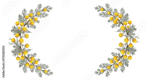 Two symmetrical floral arrangements featuring yellow blossoms and green foliage, isolated on white.