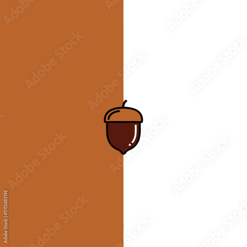 A minimalist acorn icon centered on a vertically split background of brown and white. A modern and simple graphic for Autumn and nature themes. Flat design vector illustration