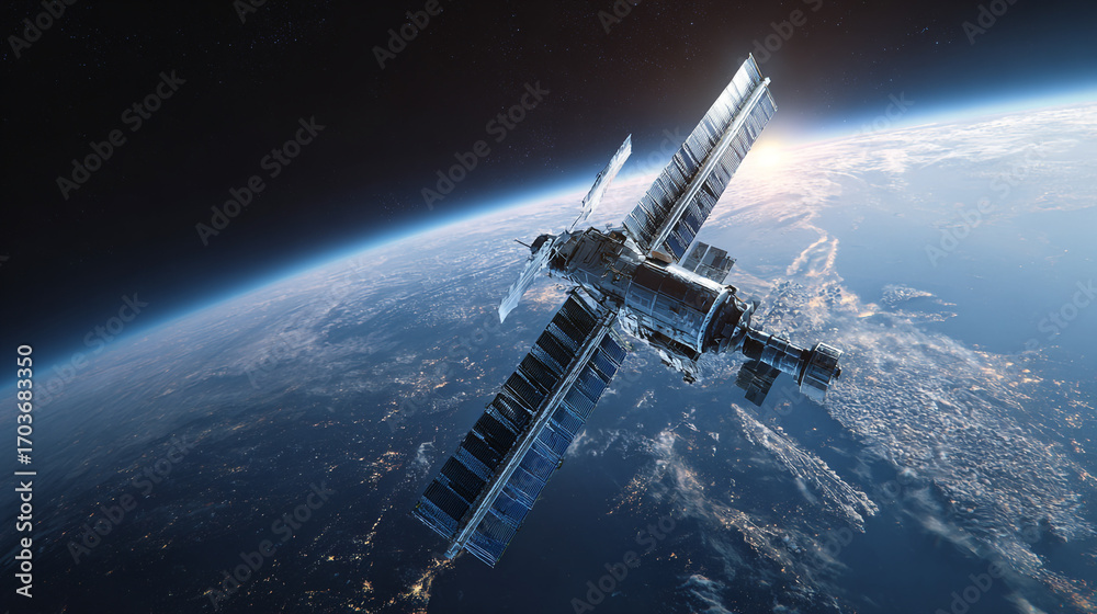 Obraz premium Spacecraft orbiting Earth at sunrise showing solar panels and planet details