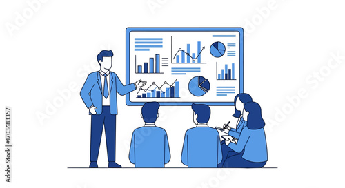 Businessman leading a presentation with data charts and graphs on a screen to his colleagues. Business meeting, corporate training, and financial analysis concept. Flat line art vector illustration