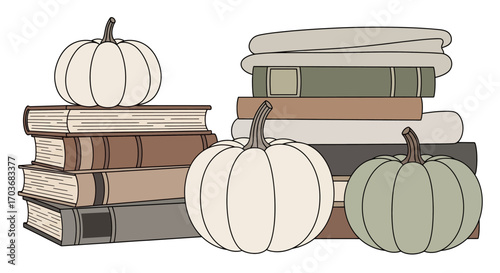 A cozy Autumn still life composition with stacks of vintage books and decorative pumpkins. Fall reading, academic season, and library concept. Flat vector illustration with a muted color palette