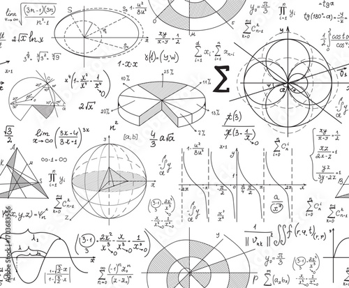 Educational vector seamless background with handwritten formulas, plots and math calculations