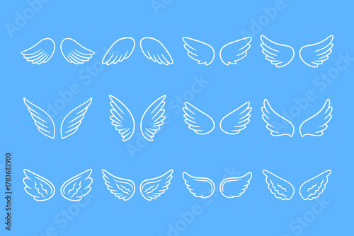 Set of white Angel Wings Line Art Vector Illustrations on Blue Background