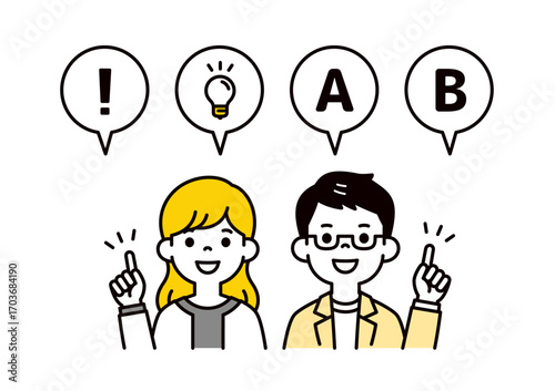 丸い吹き出しと、様々なアイデアを提案する若い男性と女性のベクターイラスト素材セット