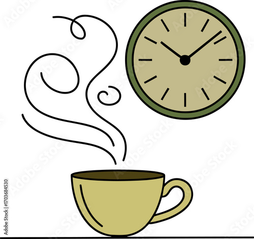 Morning coffee steam rises as a clock indicates the start of the day.