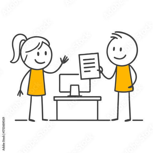 Graphic Design Illustrating Collaboration and Document Handover in Corporate Settings.