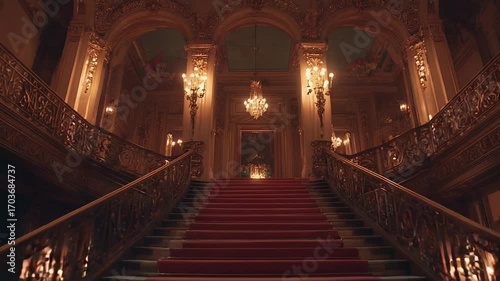 Grand gilded staircase in a palace-like hall, red carpet, ornate gold railing, chandeliers and arches.