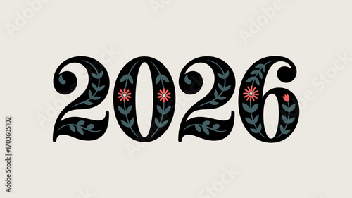 Decorative numbers 2026 with floral motifs, symbolizing the upcoming new year.