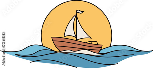 Sailboat glides across blue waves under a warm, setting sun.