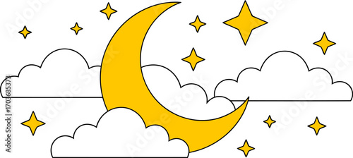 A cheerful crescent moon peeks through fluffy clouds amidst twinkling stars.