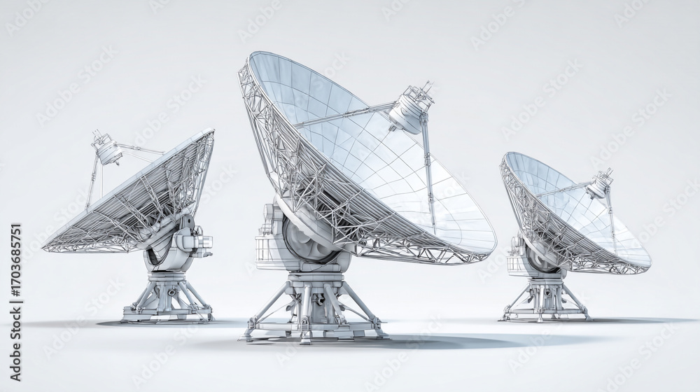 custom made wallpaper toronto digitalThree large satellite dishes on a white background a digital rendering showing their intricate detail