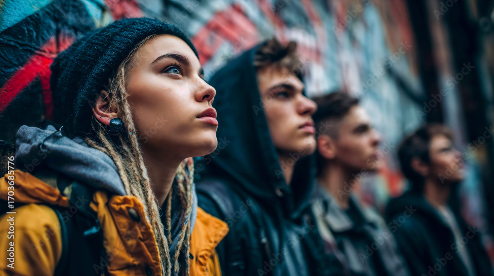 Obraz premium Group of diverse young people looking up with hope and determination in urban setting with colorful graffiti wall background and dramatic lighting
