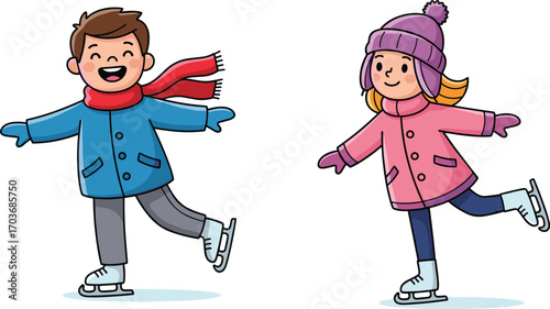 Happy kids ice skating outdoors, boy and girl wearing winter clothes, enjoying winter sports, fun activity, cold weather, skating rink, cheerful children