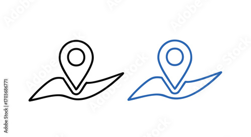 Location marker icons: black and blue line art, map pin on curved surface.