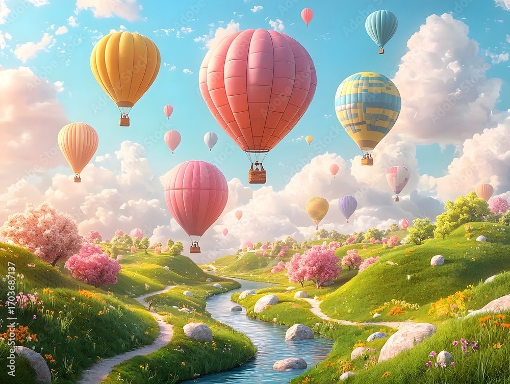 Fototapeta premium Colorful hot air balloons float serenely over a lush green landscape with a winding river under a bright cloudy sky