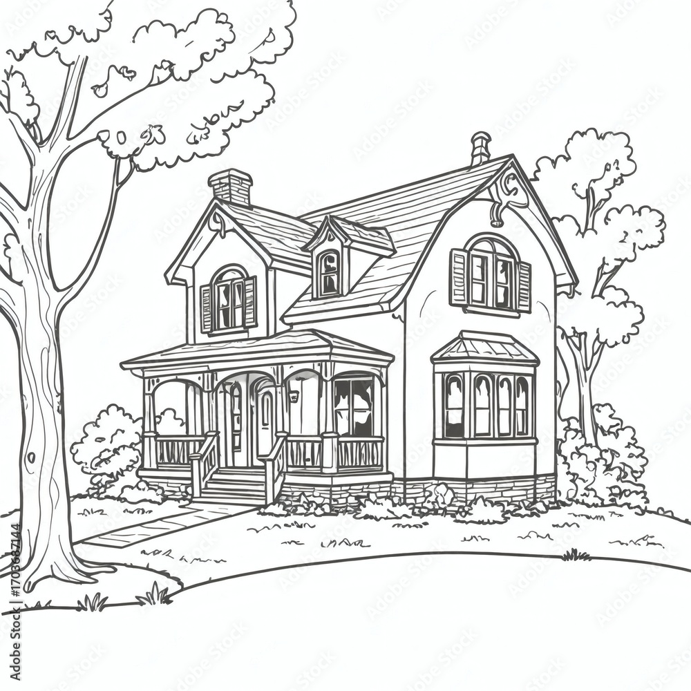 Fototapeta premium A charming detailed house with a beautifully landscaped front yard surrounded by trees