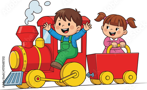 Happy kids riding cartoon train, fun transportation toy, playful children, locomotive playtime, red toy engine, joyful childhood moments, illustration