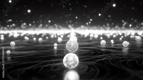 Abstract grayscale image of spheres on a textured surface.  A field of light spheres in the distance