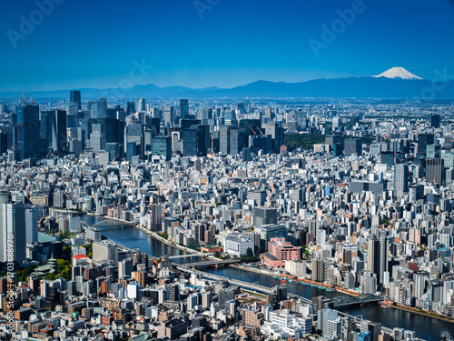 Aerial view of Tokyo city skyline with Mount Fuji in the background on a clear day in Japan.