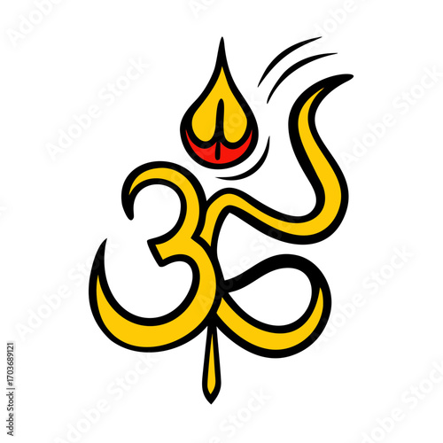Stylized om symbol with flame and crescent moon in yellow and red on black
