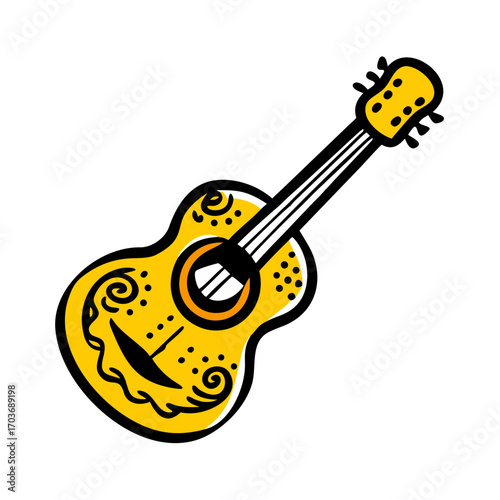 Yellow guitar with decorative patterns on black background