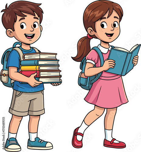 school, books, kids, reading, student, backpack, study, learning, education, boy, girl, cartoon, children, happy, walking,
school kids, back school, student cartoon, children 
