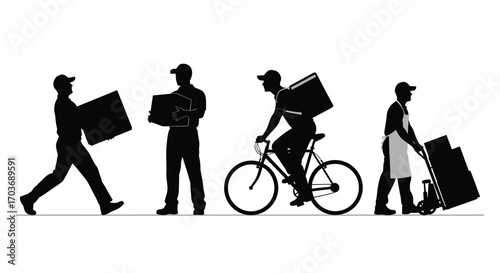 Delivery service silhouettes showing diverse transportation methods and package handling vector